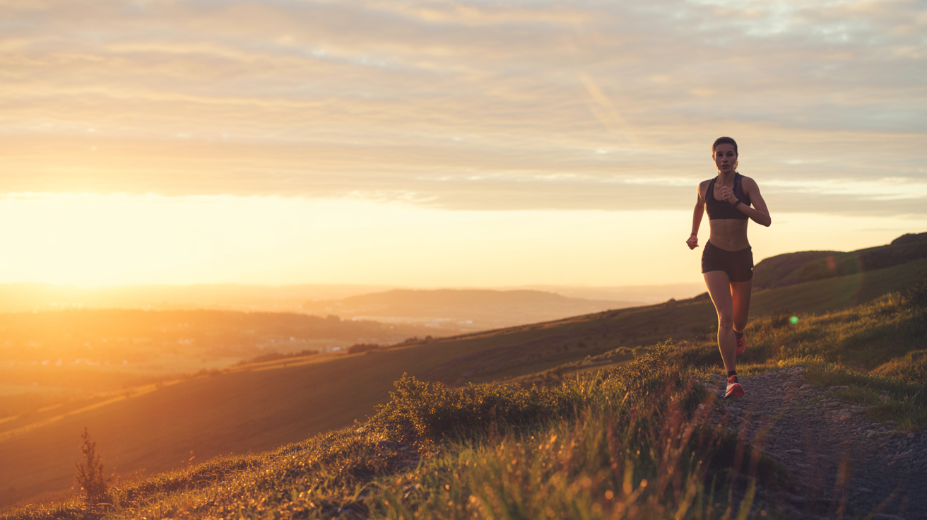 Runner on a mountain trail at sunrise with expansive landscape view